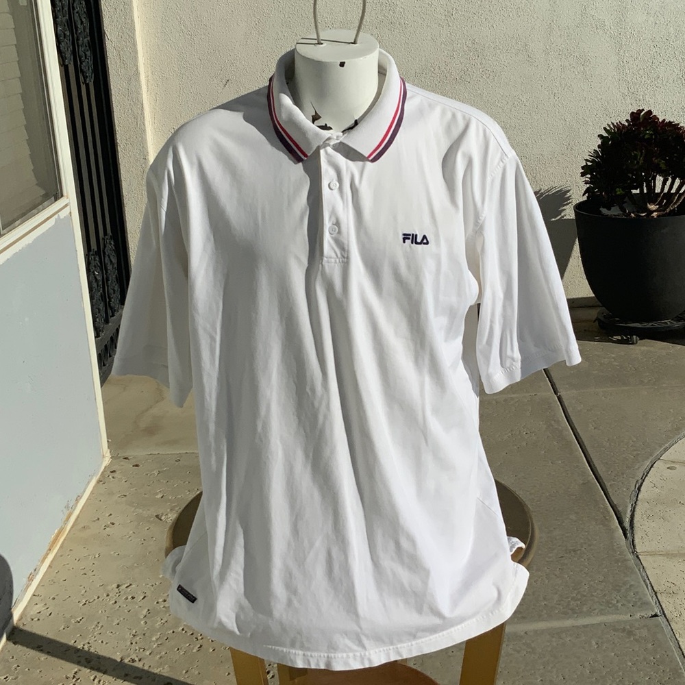 Fila Men's White Polo Shirt with Red and Blue Accents